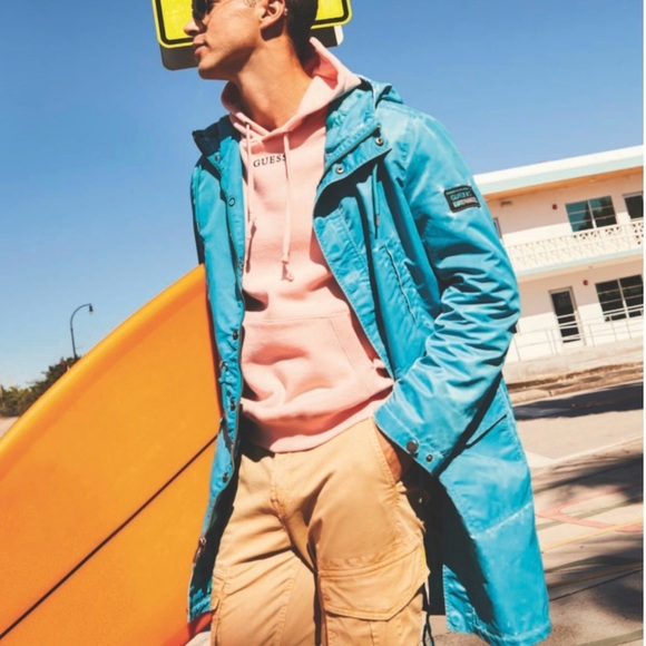 Guess Men’s Fluid Nylon Parka Coat Jacket Size XXL Blue Shore Zip Snap Hoodie - Picture 3 of 16